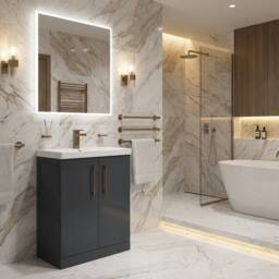 Balterley Bathroom 2 Soft Close Door Floor Vanity, Ceramic Basin, Grey, 600mm in Grey - thumbnail 3