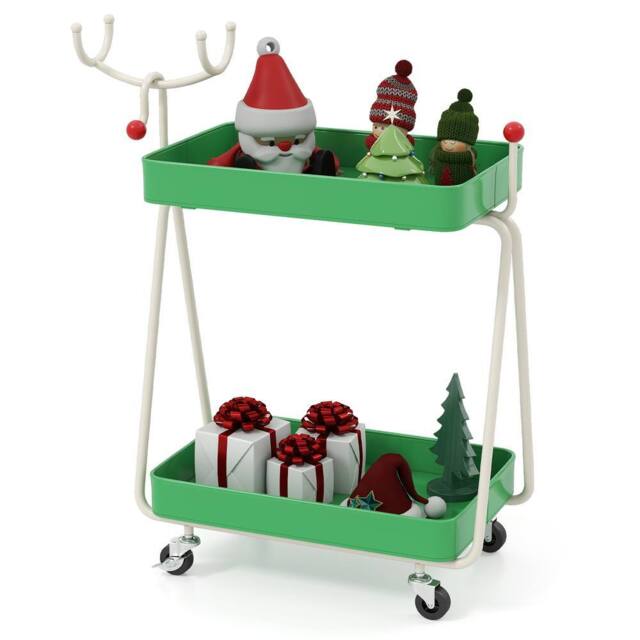 Gymax 2-Tier Christmas Rolling Cart Reindeer Side Table End Table Nightstand in Green - image 1