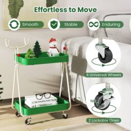 Gymax 2-Tier Christmas Rolling Cart Reindeer Side Table End Table Nightstand in Green - thumbnail 5