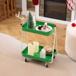 Gymax 2-Tier Christmas Rolling Cart Reindeer Side Table End Table Nightstand in Green - thumbnail 3