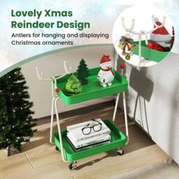 Gymax 2-Tier Christmas Rolling Cart Reindeer Side Table End Table Nightstand in Green - thumbnail 6