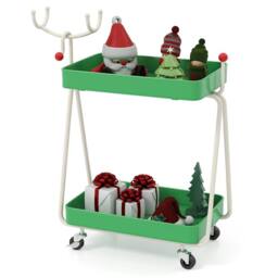 Gymax 2-Tier Christmas Rolling Cart Reindeer Side Table End Table Nightstand in Green - thumbnail 1