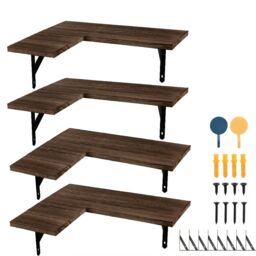 Hinsinc 4 Piece Corner Floating Shelves Wall Mounted Wooden Display Shelf in Dark Brown - thumbnail 1