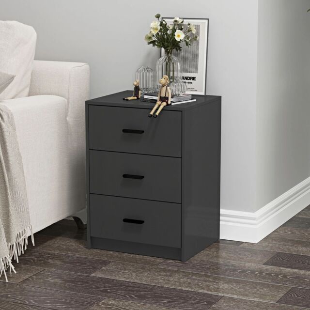 EONLION 3 Drawer Black Wooden Bedside Cabinet Furniture Storage Nightstand Side Table - image 1