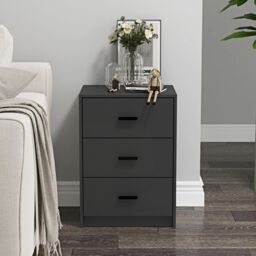 EONLION 3 Drawer Black Wooden Bedside Cabinet Furniture Storage Nightstand Side Table - thumbnail 4