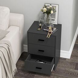 EONLION 3 Drawer Black Wooden Bedside Cabinet Furniture Storage Nightstand Side Table - thumbnail 5