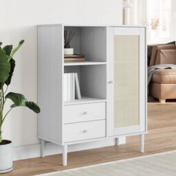 Berkfield Home Highboard SENJA Rattan Look White 90x40x112 cm Solid Wood Pine - Size: 90 x 40 x 112 cm