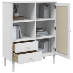 Berkfield Home Highboard SENJA Rattan Look White 90x40x112 cm Solid Wood Pine - Size: 90 x 40 x 112 cm - thumbnail 4