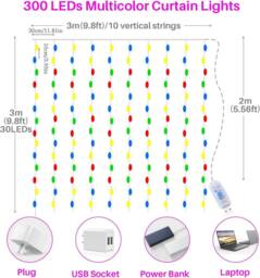 Garwarm 300 Led Curtain Fairy Lights Multicolor, 8 Modes - thumbnail 5