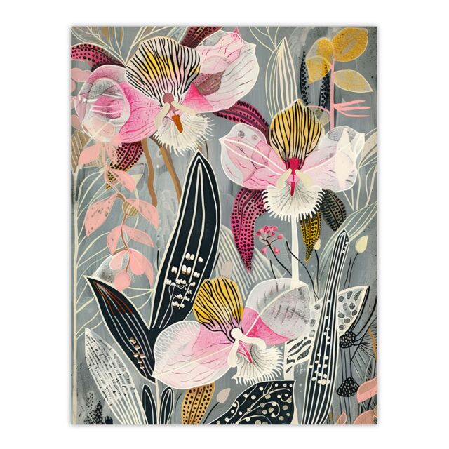 "Artery8 Bold Stylised Orchid Flowers Hot Pink Contrast Wall Art Print - Size: W24"" x H32""" - image 1