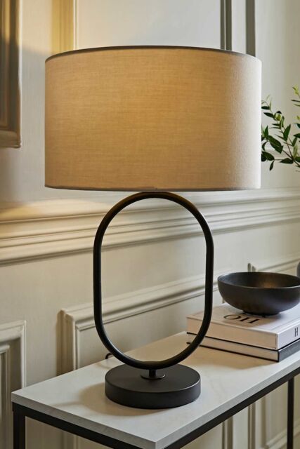 ValueLights Antonia Fabric Drum Lamp Shade Matte Black Oval Table Lamp in Natural - image 1