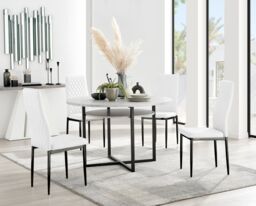 FurnitureboxUK Adley Grey Concrete Effect & Black Round Dining Table with Shelf & 4 Faux Leather Milan Dining Chairs in White