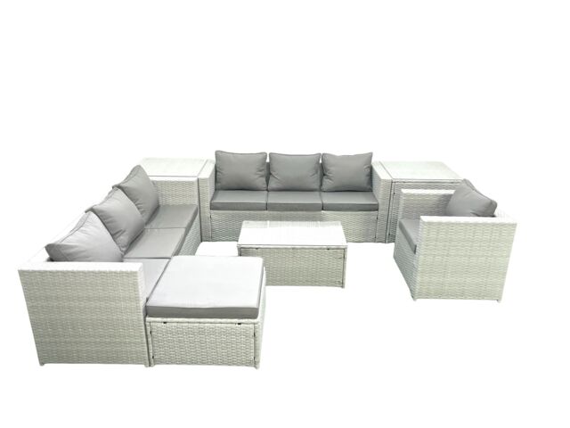 Fimous Wicker PE Rattan Sofa Garden Furniture Set with Armchair Oblong Coffee Table Big Footstool 2 Side Tables Light Grey Mixed - image 1