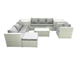 Fimous Wicker PE Rattan Sofa Garden Furniture Set with Armchair Oblong Coffee Table Big Footstool 2 Side Tables Light Grey Mixed - thumbnail 2