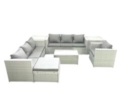 Fimous Wicker PE Rattan Sofa Garden Furniture Set with Armchair Oblong Coffee Table Big Footstool 2 Side Tables Light Grey Mixed - thumbnail 1