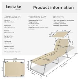 tectake Set Of 2 Sun Loungers in Beige - Size: 2 Seater - thumbnail 6