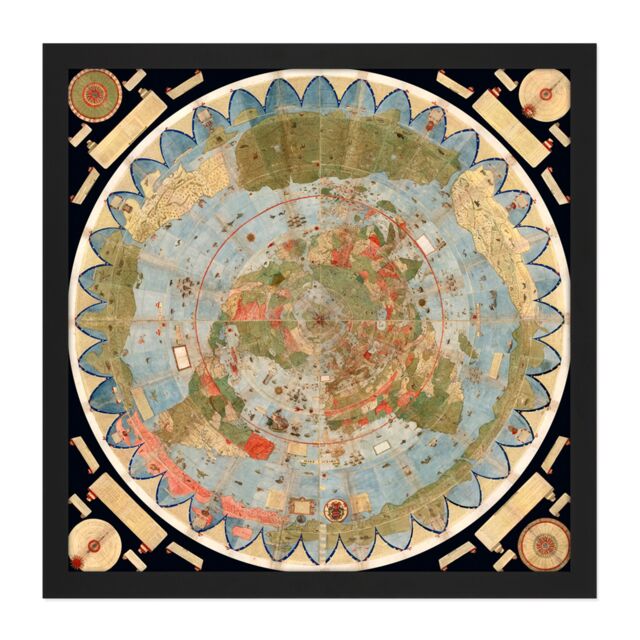 "Artery8 Wall Art Print Map Monte 1587 Composite World Pictorial Chart Square Framed Picture 16X16 Inch in Black - Size: W16"" x H16""" - image 1