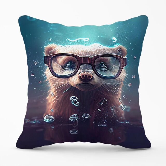 Warren Reed - Designer Ferret With Glasses Splashart Water Outdoor Cushion in Blue - Size: 45 cm x 45 cm - image 1