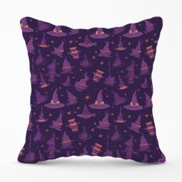 Warren Reed - Designer Witch Hats & Broomsticks Outdoor Cushion in Purple - Size: 45 cm x 45 cm - thumbnail 1