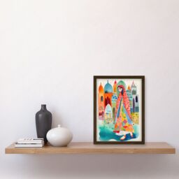 Artery8 Hijab Muslim Woman with Buildings Folk Art Artwork Framed Wall Art Print A4 in Brown - thumbnail 2