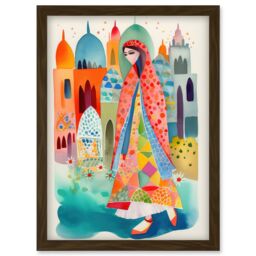 Artery8 Hijab Muslim Woman with Buildings Folk Art Artwork Framed Wall Art Print A4 in Brown - thumbnail 1