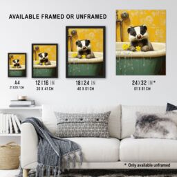 Artery8 Cute Badger in Bathtub Yellow Daisy Theme Bath Framed Art Print - Size: A4 - thumbnail 3