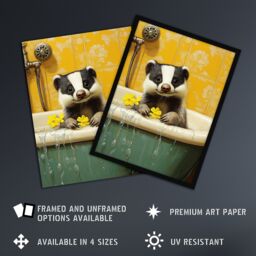 Artery8 Cute Badger in Bathtub Yellow Daisy Theme Bath Framed Art Print - Size: A4 - thumbnail 2