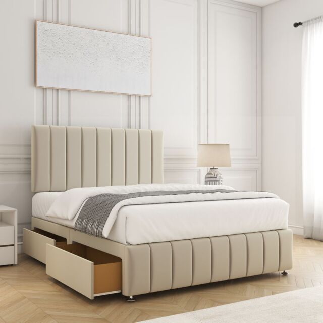 "BSSPOKE Sierra Divan Bed Plush Velvet 24""Headboard 2Drawers Footend & Mattress in Cream - Size: Super King" - image 1