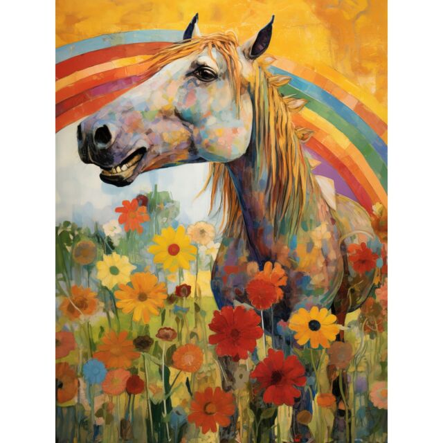 "Artery8 Wall Art Print Girls Bedroom Nursery Artwork Rainbow Horse With Flowers Bright Colourful Happy Poster - Size: W24"" x H32""" - image 1