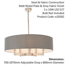 Loops Matt Nickel Multi Arm Ceiling Pendant Light & Grey Shade 5 Bulb Hanging Fitting in Metallics - thumbnail 2