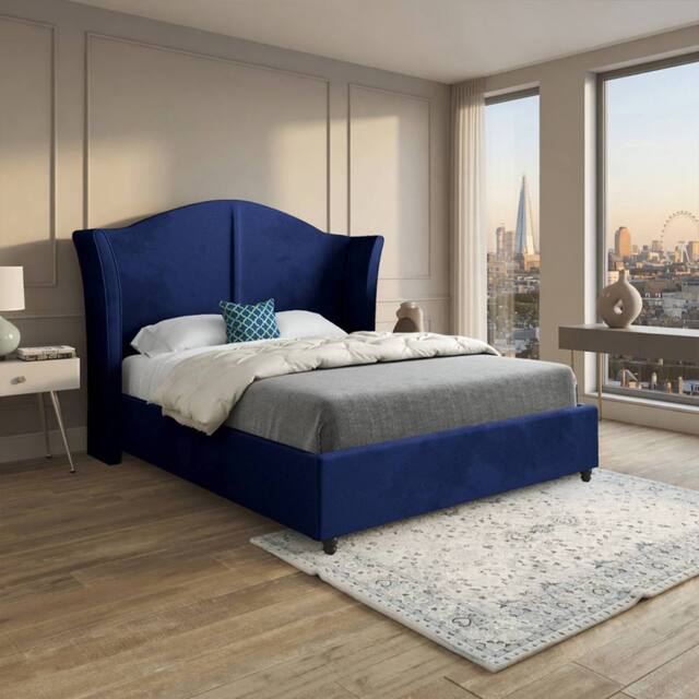 Casani Tissington Curved Winged Blue Soft Velvet Designer Bed Frame - Size: Super King - image 1