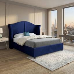 Casani Tissington Curved Winged Blue Soft Velvet Designer Bed Frame - Size: Super King