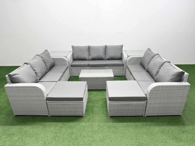 Fimous PE Rattan Lounge Sofa Set 11 Seater Outdoor Garden Furniture Set w/ Rectangular Coffee Table 3 Seater Sofa 2 Big Footstools 2 Side Table Light - image 1