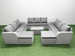 Fimous PE Rattan Lounge Sofa Set 11 Seater Outdoor Garden Furniture Set w/ Rectangular Coffee Table 3 Seater Sofa 2 Big Footstools 2 Side Table Light - thumbnail 1