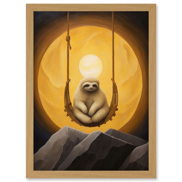 Artery8 Wall Art Print The Lazy Overlord Sloth at Full Moon Abstract Surrealist Painting Artwork Framed A4 in Light Oak - image 1