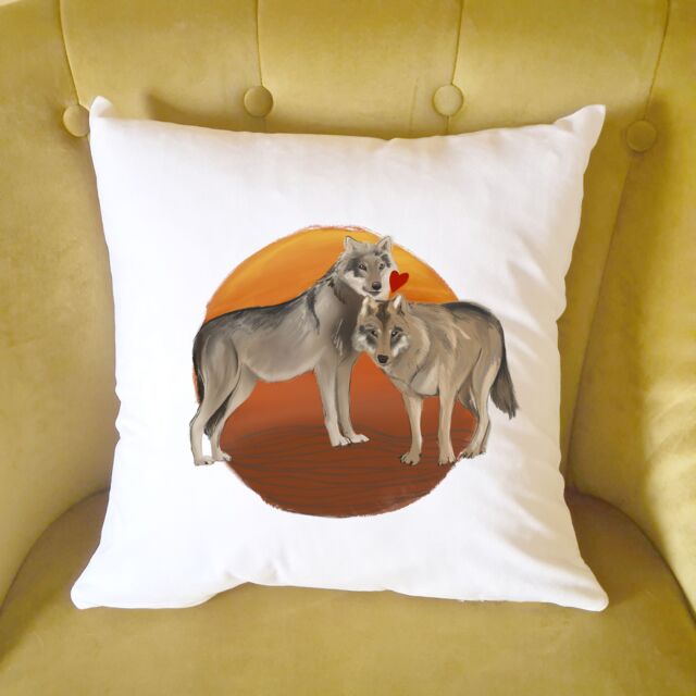 Afewhometruths Mr & Mrs Gift Mates for Life Couple's Wolf Love Cushion - Anniversary, Wedding Gift in Off-White - Size: 40 cm x 40 cm - image 1