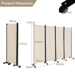 FLAVORA 4 Panel Rolling Freestanding Privacy Room Divider in Cream - Size: 500mm - thumbnail 2