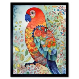 "Artery8 Wall Art Print Parrot Bird Portrait Folk Art Watercolour Painting Art Framed in Black - Size: W12"" x H16""" - thumbnail 1