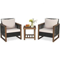 Costway 3PCS Patio Furniture Set Outdoor Garden Wood Coffee Table & 2 PE Rattan Chairs in Brown - thumbnail 8