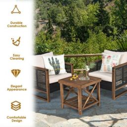 Costway 3PCS Patio Furniture Set Outdoor Garden Wood Coffee Table & 2 PE Rattan Chairs in Brown - thumbnail 7