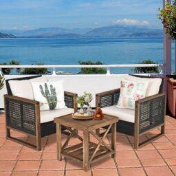 Costway 3PCS Patio Furniture Set Outdoor Garden Wood Coffee Table & 2 PE Rattan Chairs in Brown