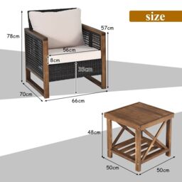 Costway 3PCS Patio Furniture Set Outdoor Garden Wood Coffee Table & 2 PE Rattan Chairs in Brown - thumbnail 2