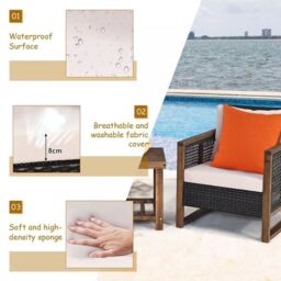 Costway 3PCS Patio Furniture Set Outdoor Garden Wood Coffee Table & 2 PE Rattan Chairs in Brown - thumbnail 4