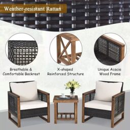 Costway 3PCS Patio Furniture Set Outdoor Garden Wood Coffee Table & 2 PE Rattan Chairs in Brown - thumbnail 6