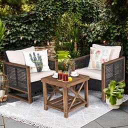 Costway 3PCS Patio Furniture Set Outdoor Garden Wood Coffee Table & 2 PE Rattan Chairs in Brown - thumbnail 3