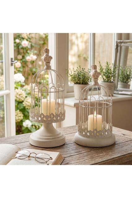 Living and Home 2pcs Vintage-Style Candlesticks Birdcage Candle Holders in White - image 1