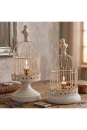 Living and Home 2pcs Vintage-Style Candlesticks Birdcage Candle Holders in White - thumbnail 2