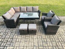 Fimous High Back Outdoor Garden Furniture Set Rattan Corner Sofa Dining Table Set With Armchairs Left Corner in Dark Grey - thumbnail 1