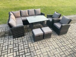 Fimous High Back Outdoor Garden Furniture Set Rattan Corner Sofa Dining Table Set With Armchairs Left Corner in Dark Grey - thumbnail 2