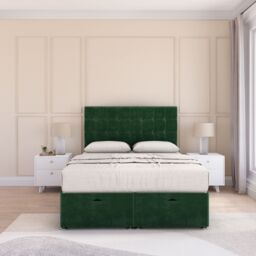 Sloomy Alabama Plush Fabric Ottoman Bed End Opening With Sprung Memory Mattress & 54 Inch Floorstanding Headboard in Emerald - Size: Single - thumbnail 1